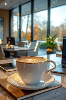 Coffee break in cozy office and natural background