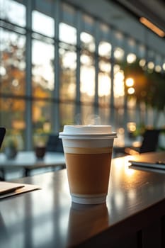 Coffee break in cozy office and natural background