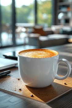 Coffee break in cozy office and natural background