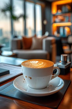 Coffee break in cozy office and natural background