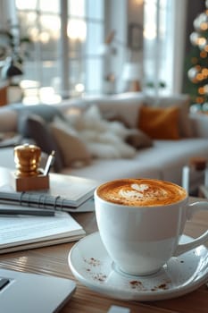 Coffee break in cozy office and natural background