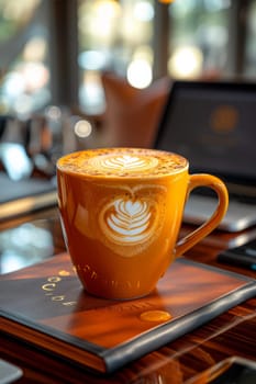 Coffee break in cozy office and natural background