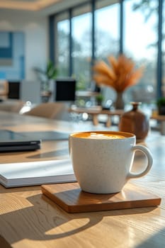 Coffee break in cozy office and natural background