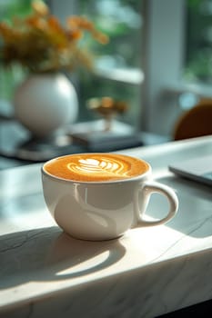 Coffee break in cozy office and natural background