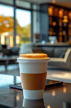 Coffee break in cozy office and natural background