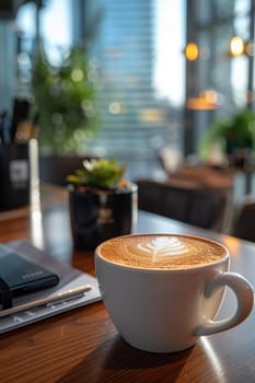 Coffee break in cozy office and natural background