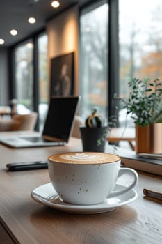 Coffee break in cozy office and natural background