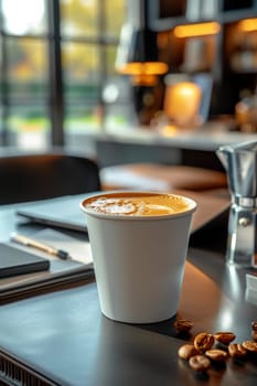 Coffee break in cozy office and natural background