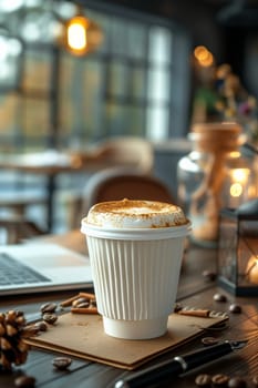 Coffee break in cozy office and natural background