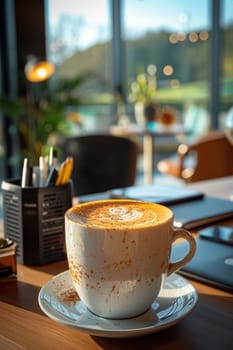 Coffee break in cozy office and natural background