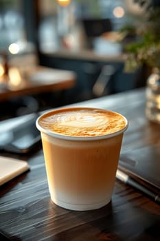 Coffee break in cozy office and natural background