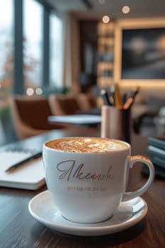 Coffee break in cozy office and natural background