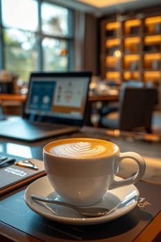 Coffee break in cozy office and natural background