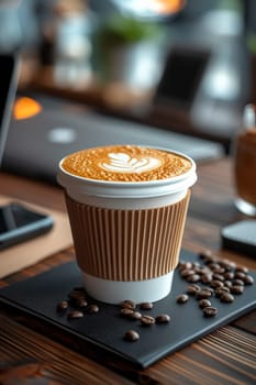 Coffee break in cozy office and natural background