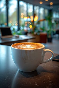 Coffee break in cozy office and natural background