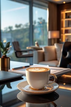 Coffee break in cozy office and natural background