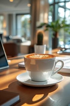 Coffee break in cozy office and natural background