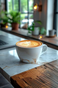 Coffee break in cozy office and natural background