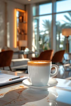 Coffee break in cozy office and natural background