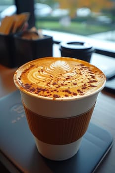 Coffee break in cozy office and natural background