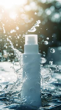 A cosmetic bottle immersed in clean water, permeated with sunlight. AI generated.