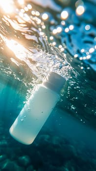 A cosmetic bottle immersed in clean water, permeated with sunlight. AI generated.