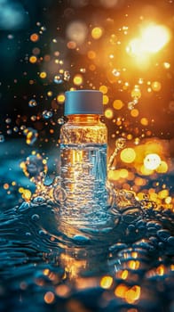 A cosmetic bottle immersed in clean water, permeated with sunlight. AI generated.