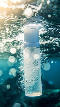 A cosmetic bottle immersed in clean water, permeated with sunlight. AI generated.