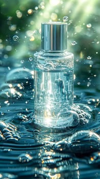 A cosmetic bottle immersed in clean water, permeated with sunlight. AI generated.