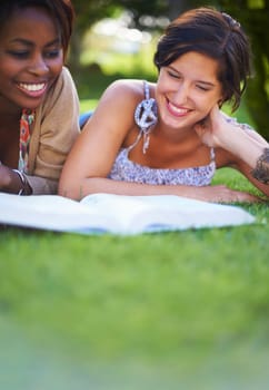 Reading, students and women with books on grass for knowledge, learning and studying at college. University, education and friends with textbook for literature, research and information in park.