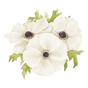 A tender watercolor depiction showcasing a bouquet of white anemones and fresh greenery. Suitable for a wide range of design projects including floral arrangements, boutonnieres, or digital graphics.