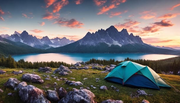 A breathtaking scene at dusk: a serene mountain forest by a glittering lake with a tent pitched. Generative AI