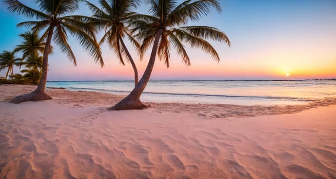 A sunset paints the sky in hues of orange pink over a tranquil beach with a palm tree swaying gently. Waves kiss the shore. Generative AI.