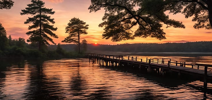 A vibrant sunset paints the sky over a tranquil forest lake pier Reflecting the golden hues on the calm waters below Generative AI