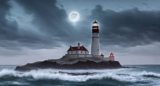 Haunted lighthouse on rocky coast: stormy skies, crashing waves, ghostly light from tower. Eerie atmosphere surrounds the spectral beacon.
