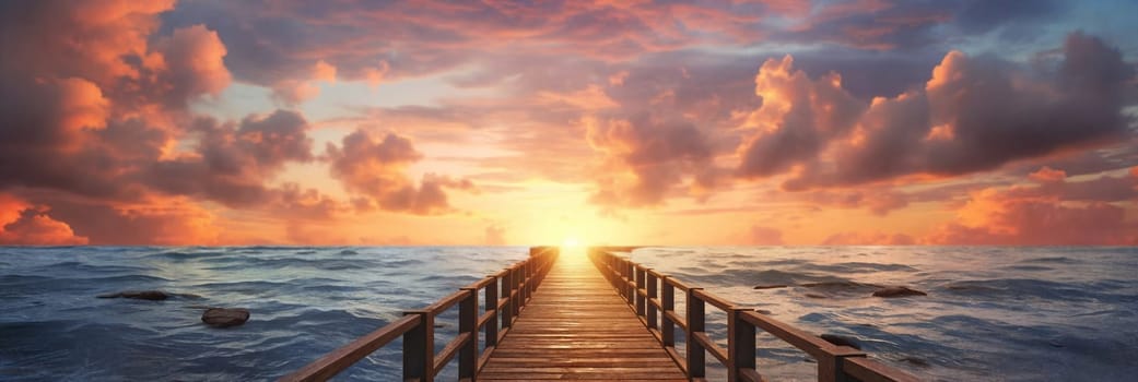 A vibrant sunset paints the sky over a serene lake, casting a radiant glow on a peaceful wooden pier. Generative AI