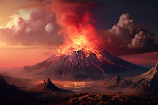 A majestic volcano spewing lava, dark plumes rising against a fiery sky. Landscape transformed in the wake of nature's fury. Generative AI.
