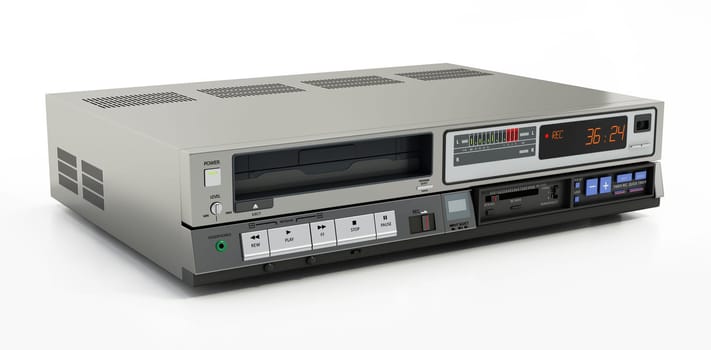 Vintage videocassette recorder or VCR isolated on white background. 3D illustration.