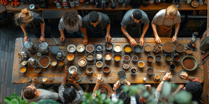 Coffee Shop Bar Counter Cafe Restaurant Relaxation Concept. People doing workshop in cozy coffee shop art