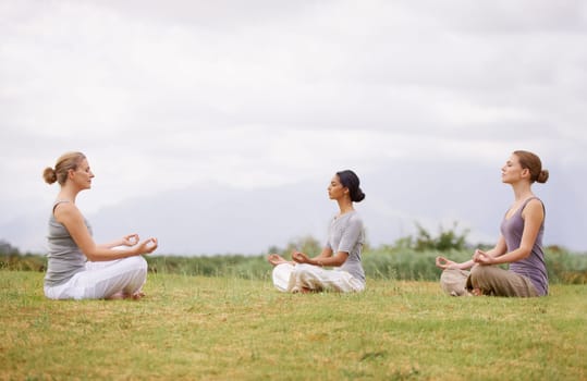 Lotus, group and meditation in nature for yoga, healthy body and mindfulness exercise to relax. Peace, instructor and calm women in padmasana outdoor on mockup, spirituality and breathing together.