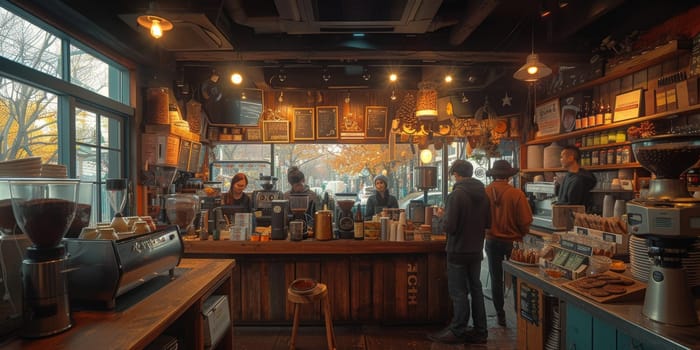 Coffee Shop Bar Counter Cafe Restaurant Relaxation Concept. People doing workshop in cozy coffee shop art