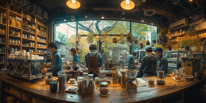 Coffee Shop Bar Counter Cafe Restaurant Relaxation Concept. People doing workshop in cozy coffee shop art