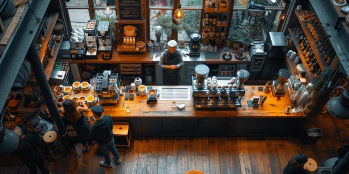 Coffee Shop Bar Counter Cafe Restaurant Relaxation Concept. People doing workshop in cozy coffee shop art