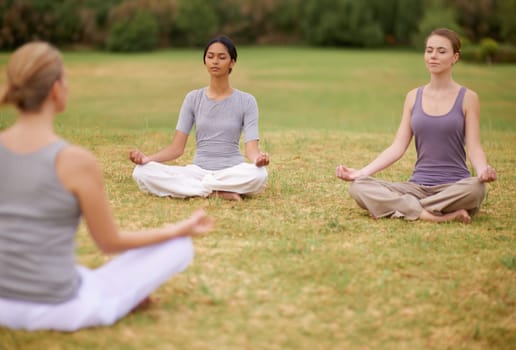 Lotus, group and meditation outdoor for yoga, healthy body and mindfulness exercise to relax. Peace, zen and calm women in padmasana in nature for balance, spirituality or breathing with instructor.