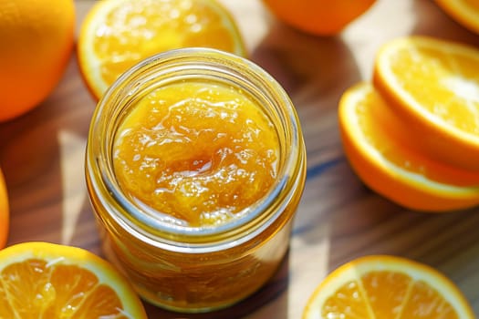 Orange marmalade in a glass jar. Healthy food, food canning.