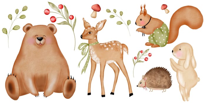 Watercolor forest animals in a large set. Cute deer, bear, squirrel, hedgehog and bunny. Woodland inhabitants in cartoon style with bows. Isolated pictures on a white background. Naive style of painting twigs and berries.For children's room designs, vinyl decals, posters and baby shower and birth decorations