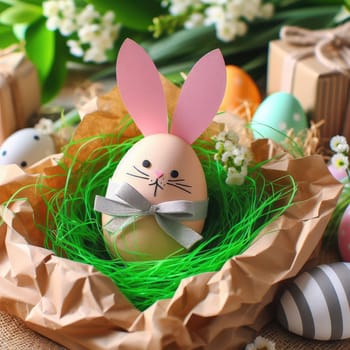 Easter bunny gift bags. Instruction manual. DIY paper crafts with your own hands together with children. A gift for the Easter. A creative idea for Easter party. Children's art project.