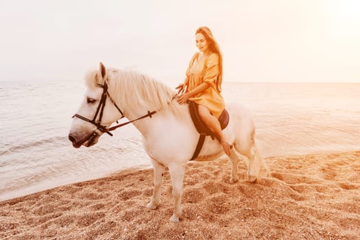 A white horse and a woman in a dress stand on a beach, with the sky and sea creating a picturesque backdrop for the scene