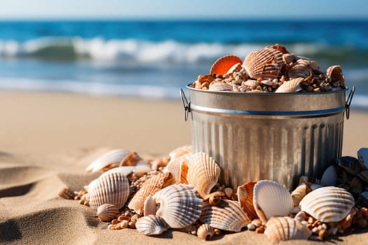 Seashells on the beach in a tin in the sand on the beach.