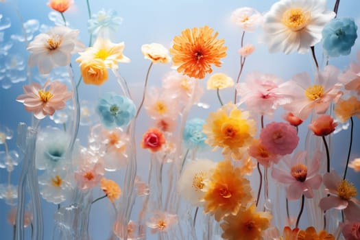 Flowers behind transparent wet glass. Abstract floral aesthetic.